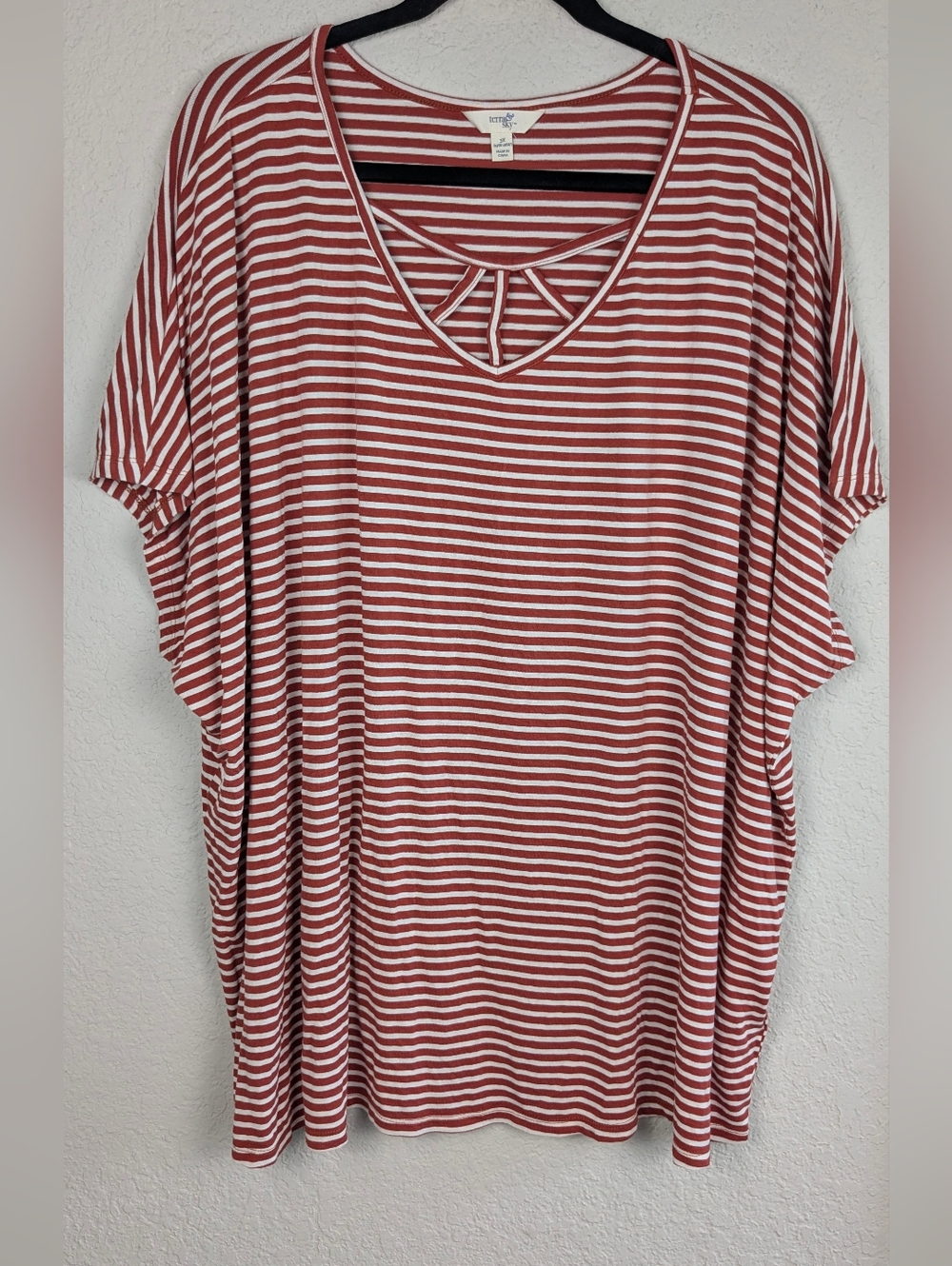 Terra & Sky Knit Tee 3X Red White Stripes Cage Detail Kimono Sleeves Excellent